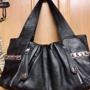 B. Makowsky Black Leather Studded Tote Bag